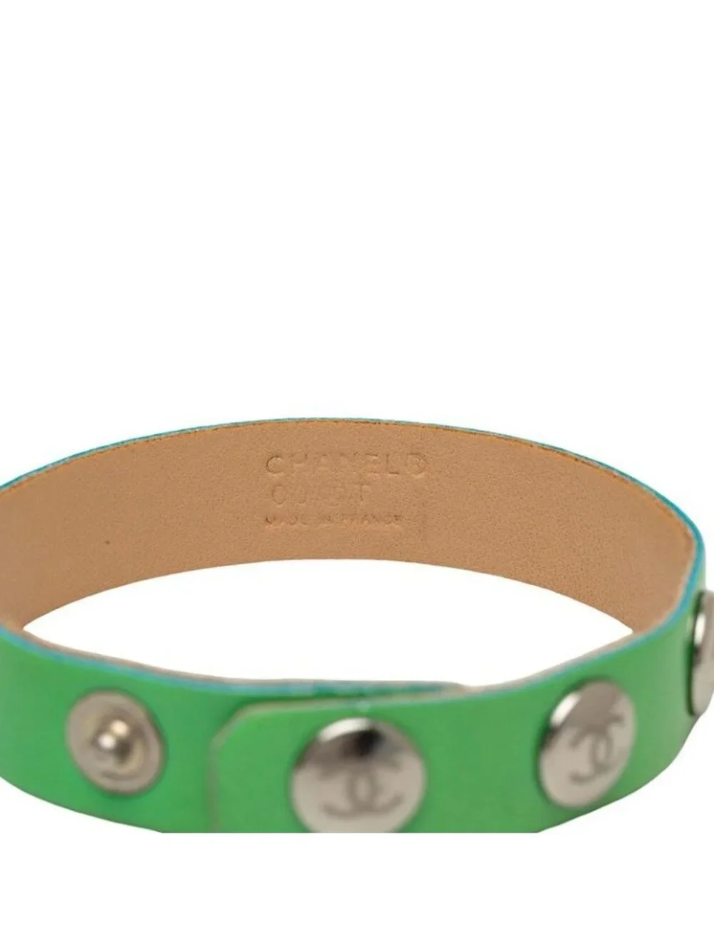 Chanel CC Logo Bracelet Green Silver Patent Leather